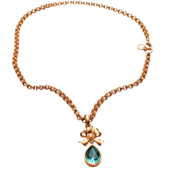 EUC Vintage Givenchy Gold-Tone Bow Pendant Necklace with Blue Teardrop Crystal